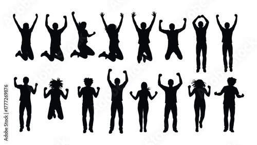 Joyful jumping people silhouettes isolated on white background, Vector