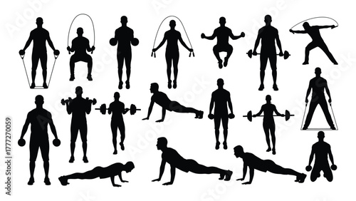 Fitness exercise silhouettes collection isolated on white background, Vector
