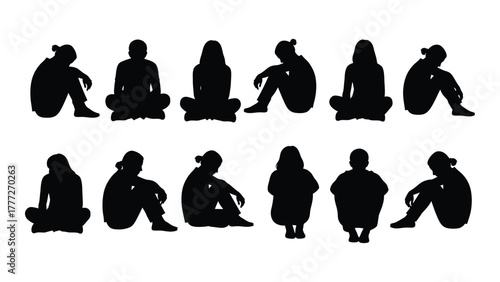 Diverse sitting people silhouettes pack isolated on white background, Vector