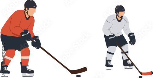 Ice hockey players in action, red and white jerseys, competitive game, skating, puck battle, dynamic sports illustration, teamwork, competition, winter sport