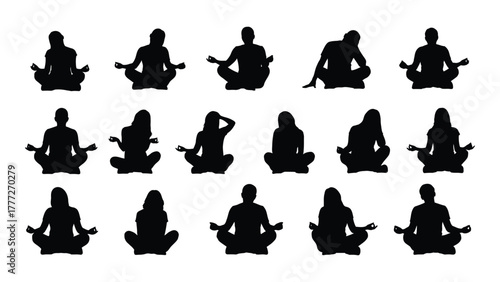 Meditation and yoga poses silhouettes isolated on white background, Vector
