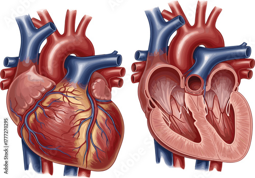 Human heart anatomy illustration, external and internal view, medical diagram, cardiovascular system, coronary arteries veins, chambers valves, educational science graphic