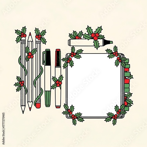 Christmas themed stationery and blank note card with holly decorations isolated on white background