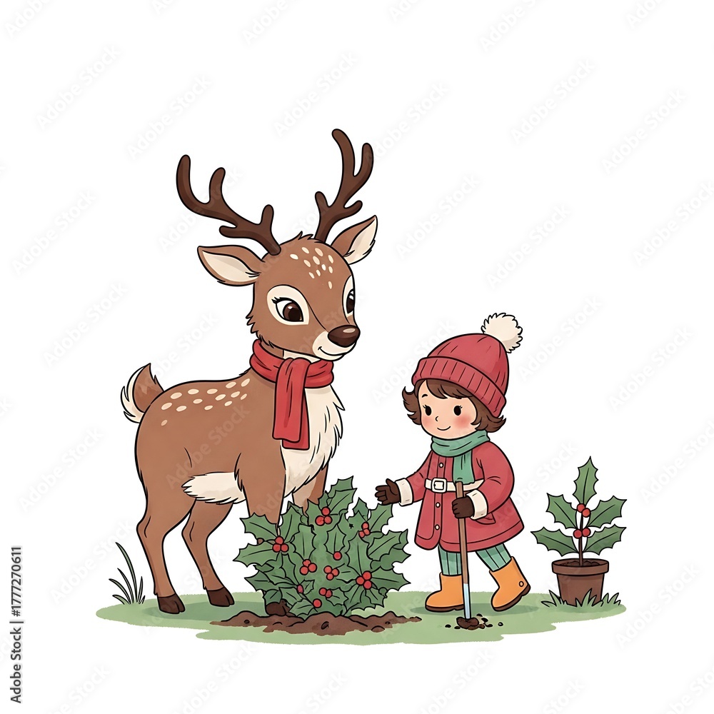 Fototapeta premium Cute cartoon reindeer and child decorating a christmas tree isolated on white background