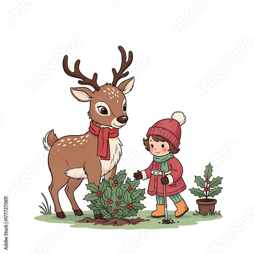Cute cartoon reindeer and child decorating a christmas tree isolated on white background