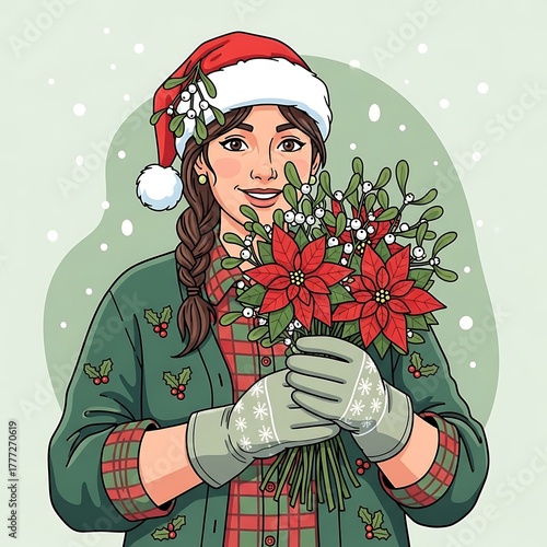 Young woman wearing a santa hat and holding a festive bouquet of poinsettias and mistletoe isolated on white background