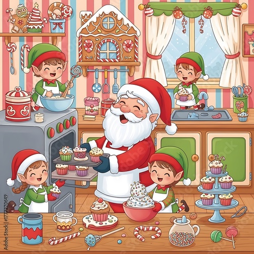 Santa claus and elves baking christmas cookies in a festive kitchen isolated on white background