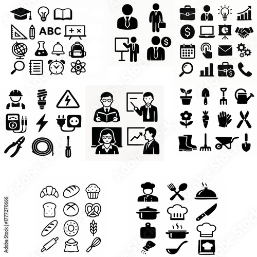 Black and white minimal profession icons set. Simple vector symbols representing electrician, teacher, chef, baker, physicist, office worker, and gardener professions.