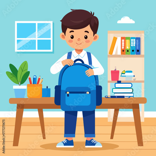 Boy with Blue Backpack Ready for School, Wearing White Shirt and Blue Pants.