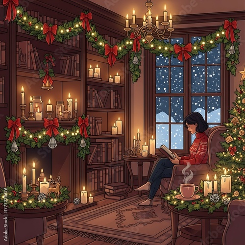 Cozy christmas library scene with a person reading by the window and a decorated tree isolated on white background