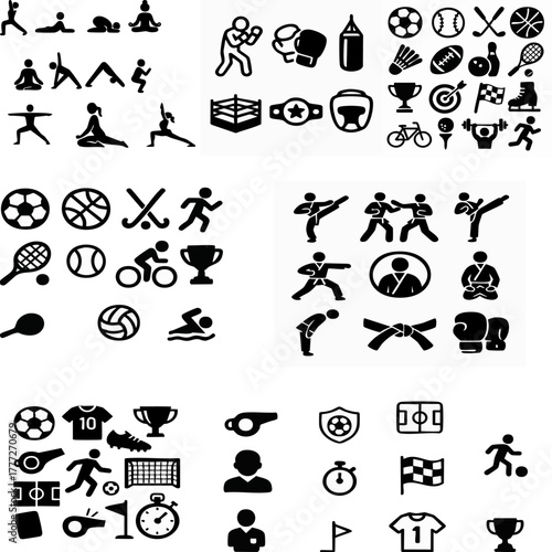 Black and white minimal sport icons set. Simple and modern symbols representing football, basketball, tennis, boxing, karate, cycling, and other sports
