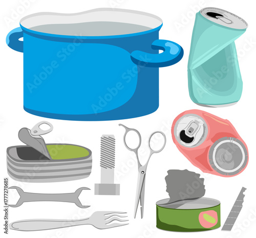 Metal trash vector icons collection, with cans, metal utensils, container, nails and scissors. Recyclable metal trash