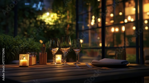 Table set with wine glasses and candles at dusk in a greenhouse garden setting