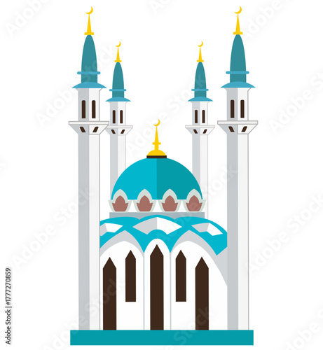 Muslim mosque isolated flat facade on white background. Flat with shadows architecture object.  Muslim temple icon illustration. Eastern cultural landmark.