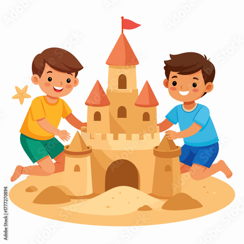 Two cheerful cartoon boys in colorful clothes happily building a large sandcastle with towers and a red flag.