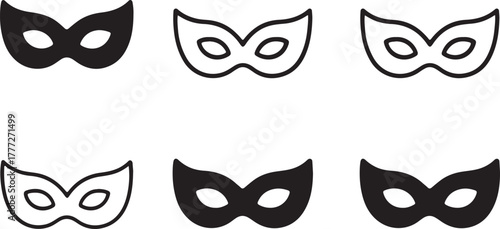 Party mask icon set, festive carnival mask symbols, editable black vector, solid black line outline filled minimal thin stroke, masquerade party mask icons for event and festival buyers