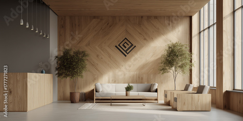 An office lobby or waiting room with a wooden aesthetic. The image is a mockup for a company wall logo.