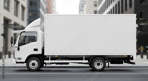 Fototapeta Naklejka Na Ścianę i Meble -  A side view of a small white delivery truck parked on a city street. The truck's cargo area is blank. Buildings are in the background