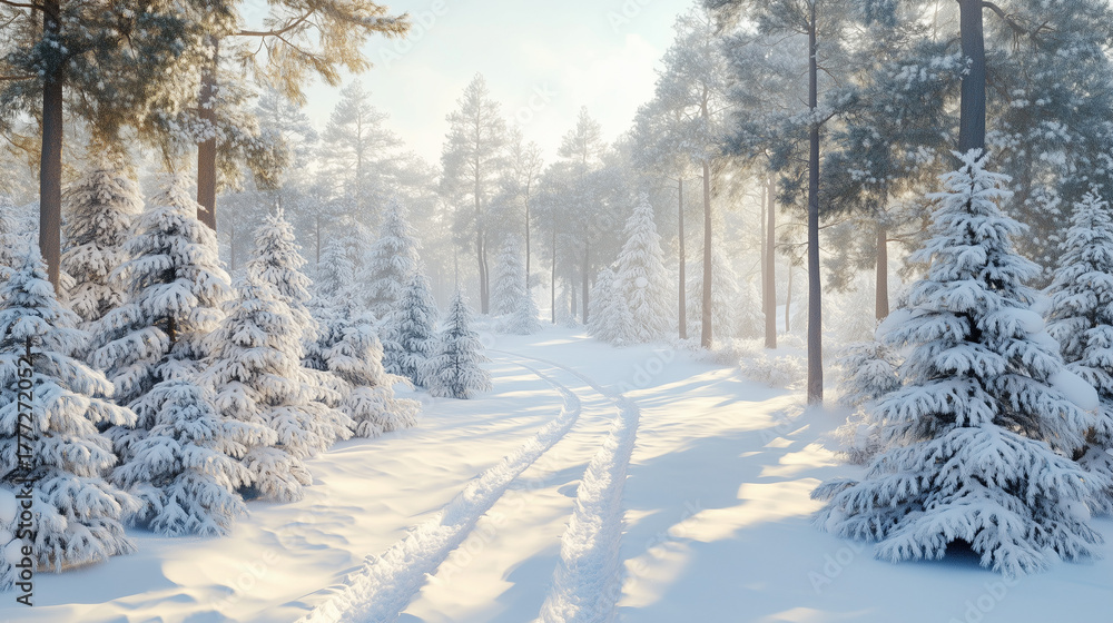 Fototapeta premium Winter forest landscape with snow-covered trees and sunlight 