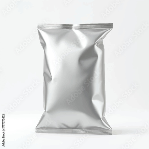 A blank silver foil snack bag isolated on white background for mockup3D Chips,snacks packing bag mockups, Mockup Blank Foil Food Stand Up Pouch Snack Sachet Bag Packaging. Blank metallic plastic bag. 