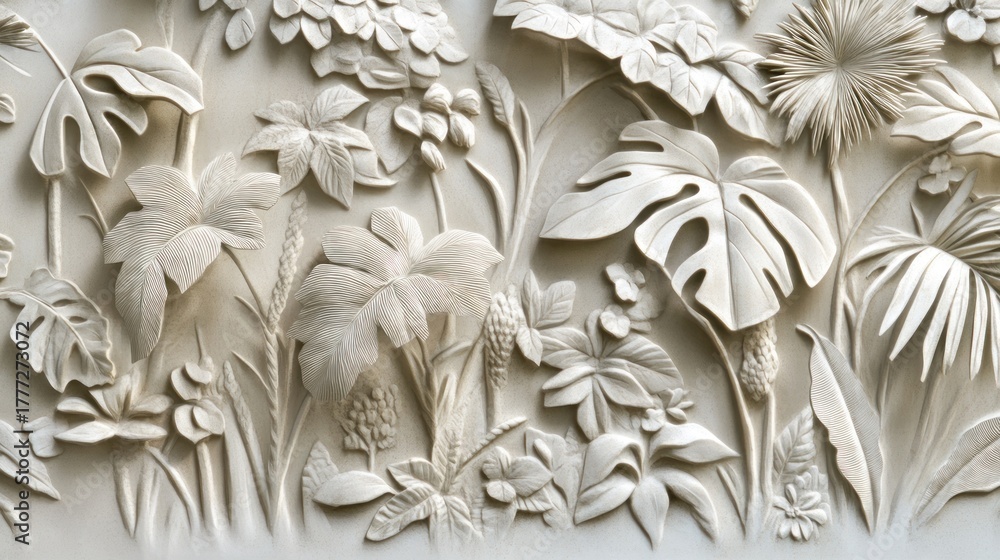 Fototapeta premium Intricate 3D floral relief wall art. Elegant, textured, off-white design