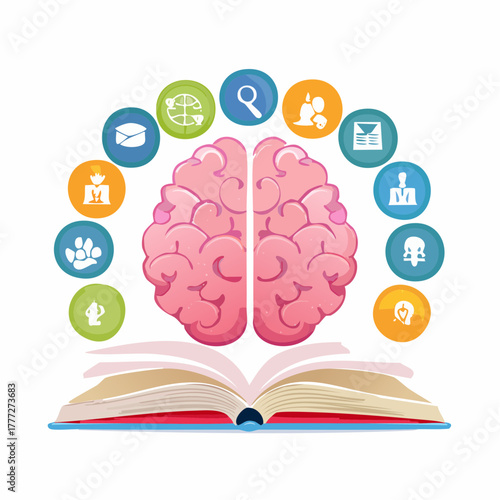 Conceptual illustration of learning process with brain and educational icons
