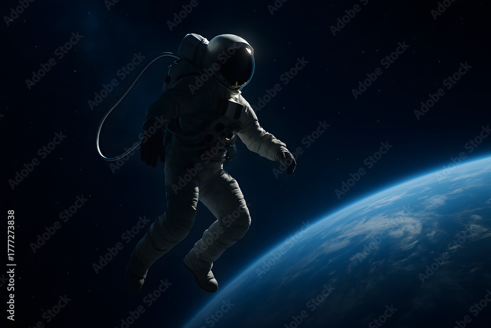 Fototapeta premium Astronaut Floating in the Cosmos: An astronaut, suspended weightlessly in the vast expanse of space, gazes at Earth, a beacon of home in the inky blackness, a symbol of human exploration.