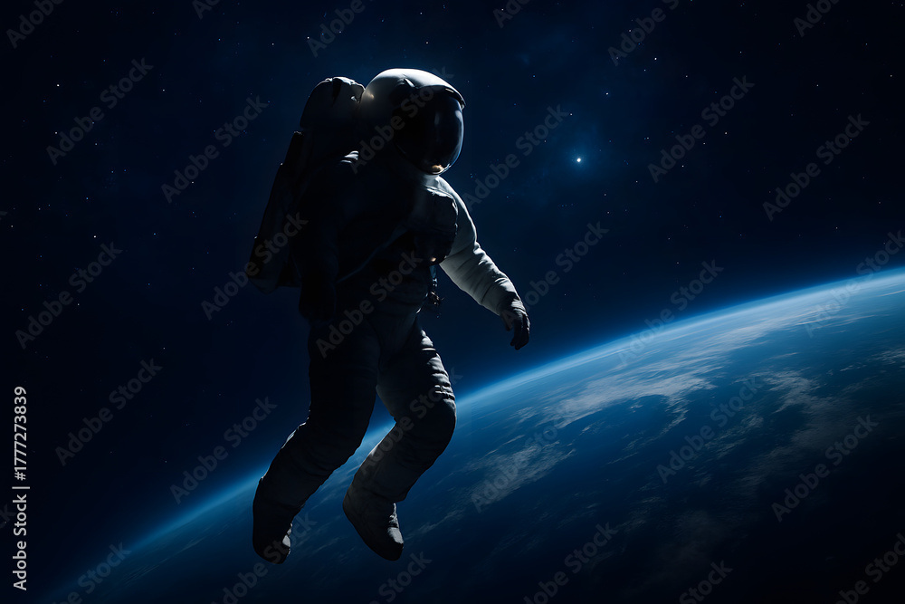 Fototapeta premium Astronaut in the Cosmic Ocean: A lone astronaut floats serenely against the canvas of the cosmos, gazing toward the distant celestial wonders. Exploring the infinite possibilities of space.