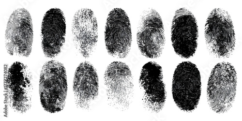 Set of black ink fingerprint marks on transparent background .fingerprint grunge texture abstract background .