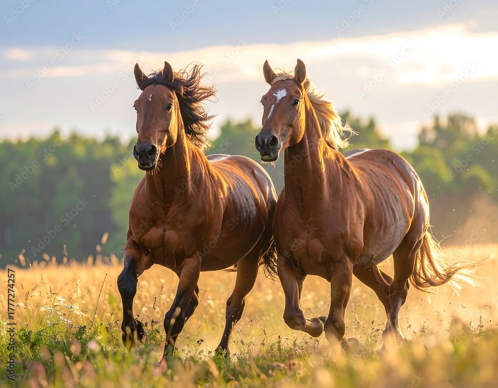 Obraz premium Two brown horses run in a golden field at sunset