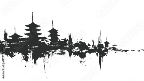 Kyoto city skyline in black ink brush stroke grunge art with traditional Japanese cultural landmarks