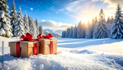 Presents in fresh snow foreground, snow-covered pines, hills, & sunny sky. Winter holiday scene creates a festive mood