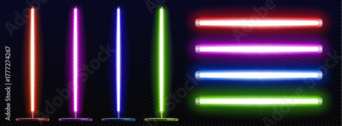 Led neon light strip collection in red, purple, blue and green colors on transparent background. Glowing tube lamps with vertical bars and horizontal fluorescent bulbs - bright illumination design.