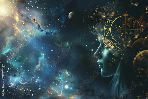 Abstract composition with concept of Virgo zodiac sign symbol, abstract vivid composition consists of fictional unreal fantastic vision on background