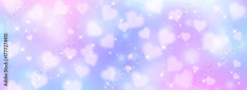 Unicorn bokeh background with heart pattern and sparkling stars on soft gradient. Cute pastel blue, pink and purple colors. Dreamy romantic atmosphere for fairy tale, fantasy or girly design wallpaper