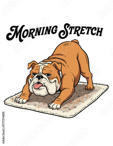 Morning Stretch bulldog cartoon artwork doing a yoga pose on a mat, perfect for t-shirt design, posters, and stickers.