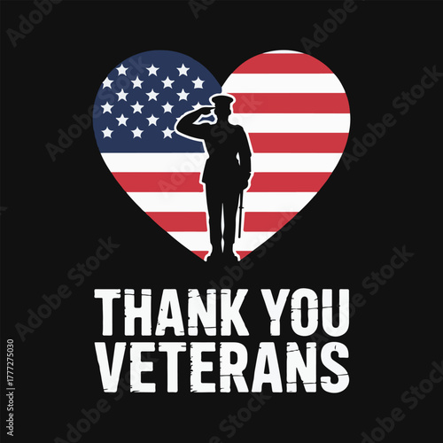 Veterans Day Heart Logo with American Flag and Soldier Silhouette – Thank You Veterans Distressed Design