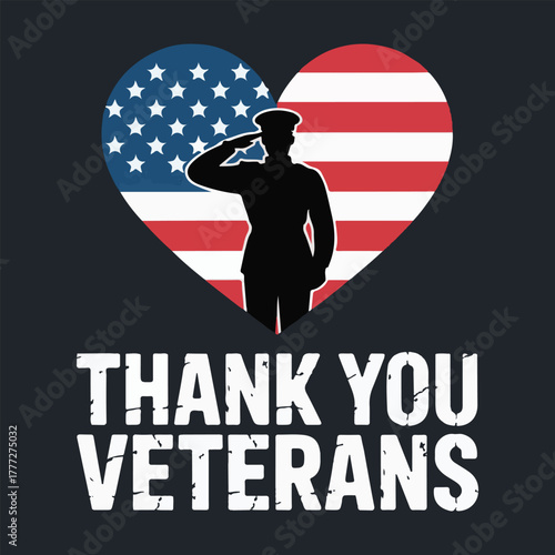 Veterans Day Heart Logo with American Flag and Soldier Silhouette – Thank You Veterans Distressed Design