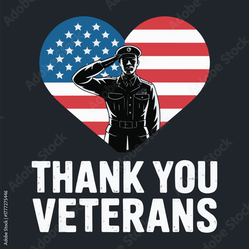 Veterans Day Heart Logo with American Flag and Soldier Silhouette – Thank You Veterans Distressed Design