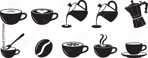 Black and white vector icons of coffee cups and brewing equipment espresso latte