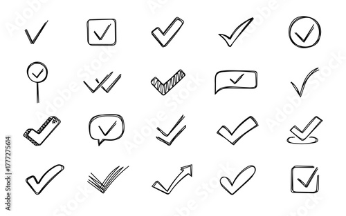 Check mark doodle set in hand drawn outline line art showing different tick variations for approval confirmation agreement and selection icons for projects and design elements
