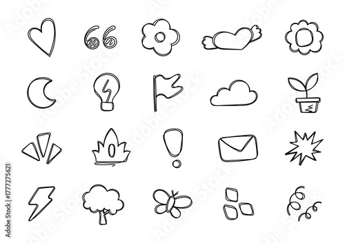 Assorted element doodle set with hand drawn icons including heart, flower, moon, light bulb, tree, cloud, butterfly, and decorative shapes for your designs projects