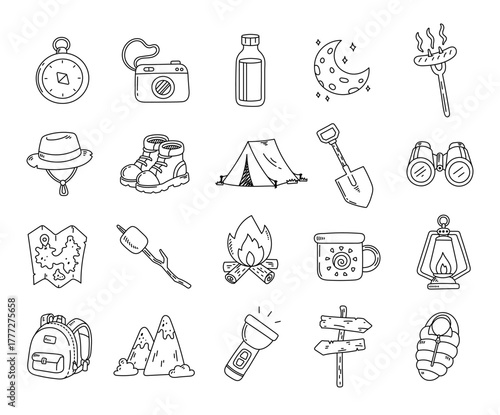 Camping, tourism set in outline line art showing outdoor adventure equipment and travel essentials with hiking gear, campfire tools, sleeping bag, and tent for your exploration projects