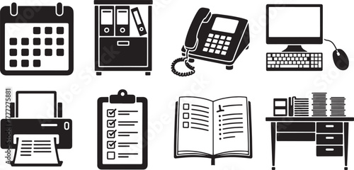 Black and white vector icons of office equipment and supplies calendar filing cabinet