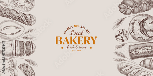 Bakery banner with hand drawn bread types