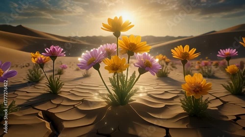 Smart Desert Bloom_Flowers of light burst from dry sand as nanobots restore life 