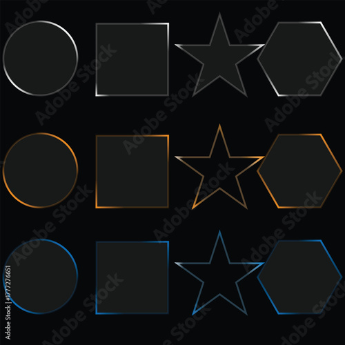 Gradient Neon Geometric Shape Outline Set on Dark Background for UI and Design Elements