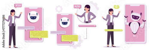 set Woman Office worker communicating with AI chatbot assistant flat illustration and pink color