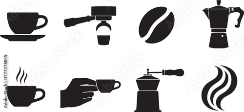 Black coffee icons cup espresso machine bean grinder moka pot steam saucer portafilter