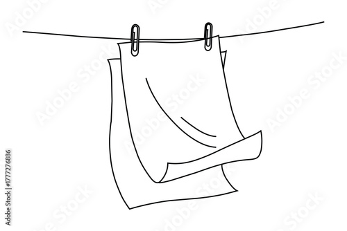 Hand drawn sketch of two white papers drying on a clothesline with clothespins